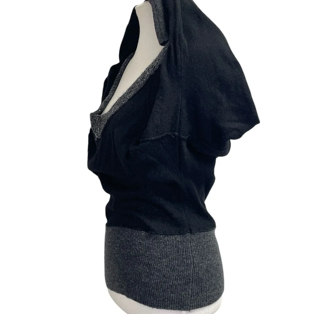 Free People Deep V Neck Sweater. Large. Wool Blend slouchy grey gray black shiny
